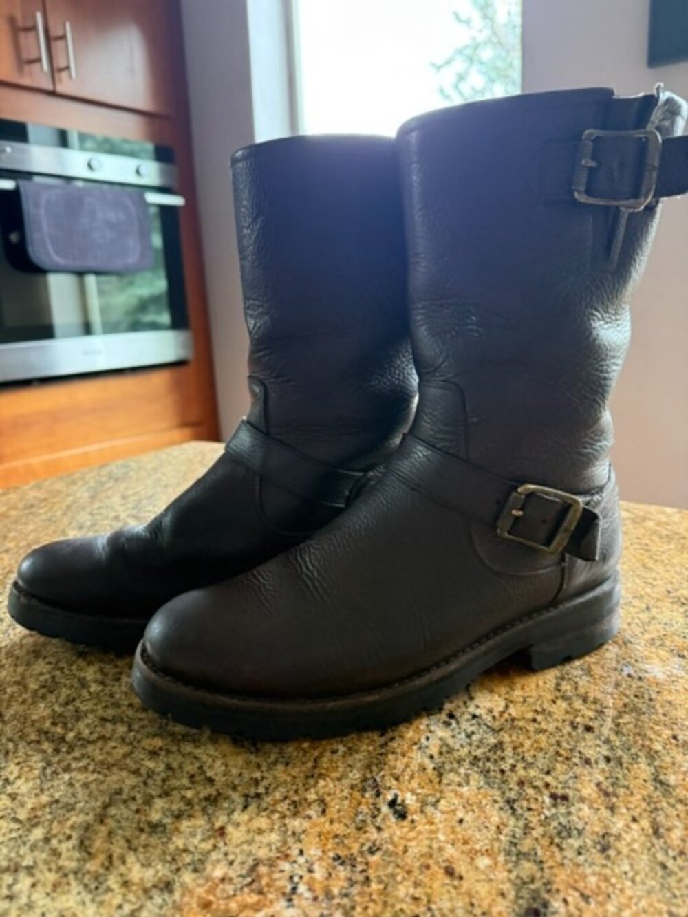 Frye Shearling Lined Pebbled Leather Engineer Boots Brown Size 8.5